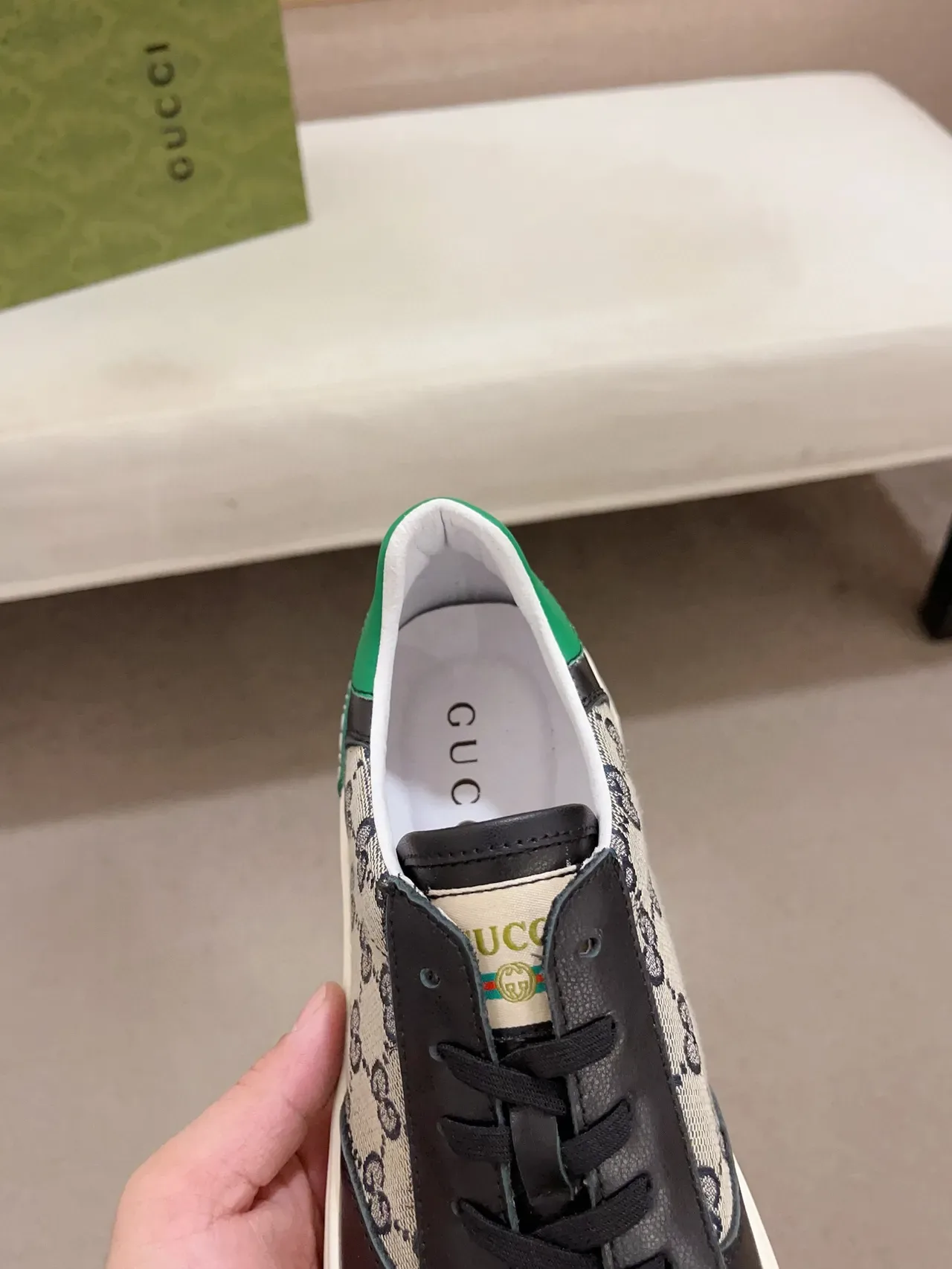 Gucci বেইজ গ্রিন GG Monogram ক্যানভাস কালো চামড়া ওভারলে লাইফস্টাইল স্নিকার্স 6