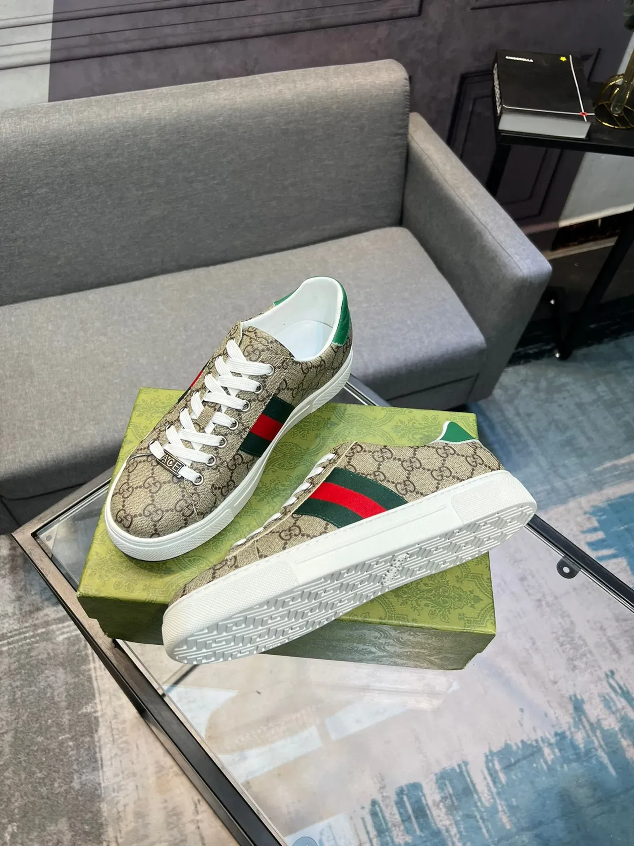 Gucci 米绿色GG印花帆布网条生活风运动鞋 4