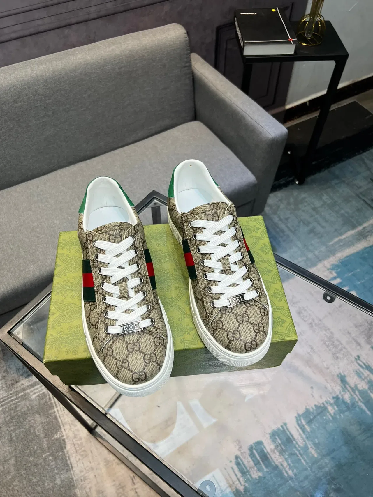 Gucci 米绿色GG印花帆布网条生活风运动鞋 5