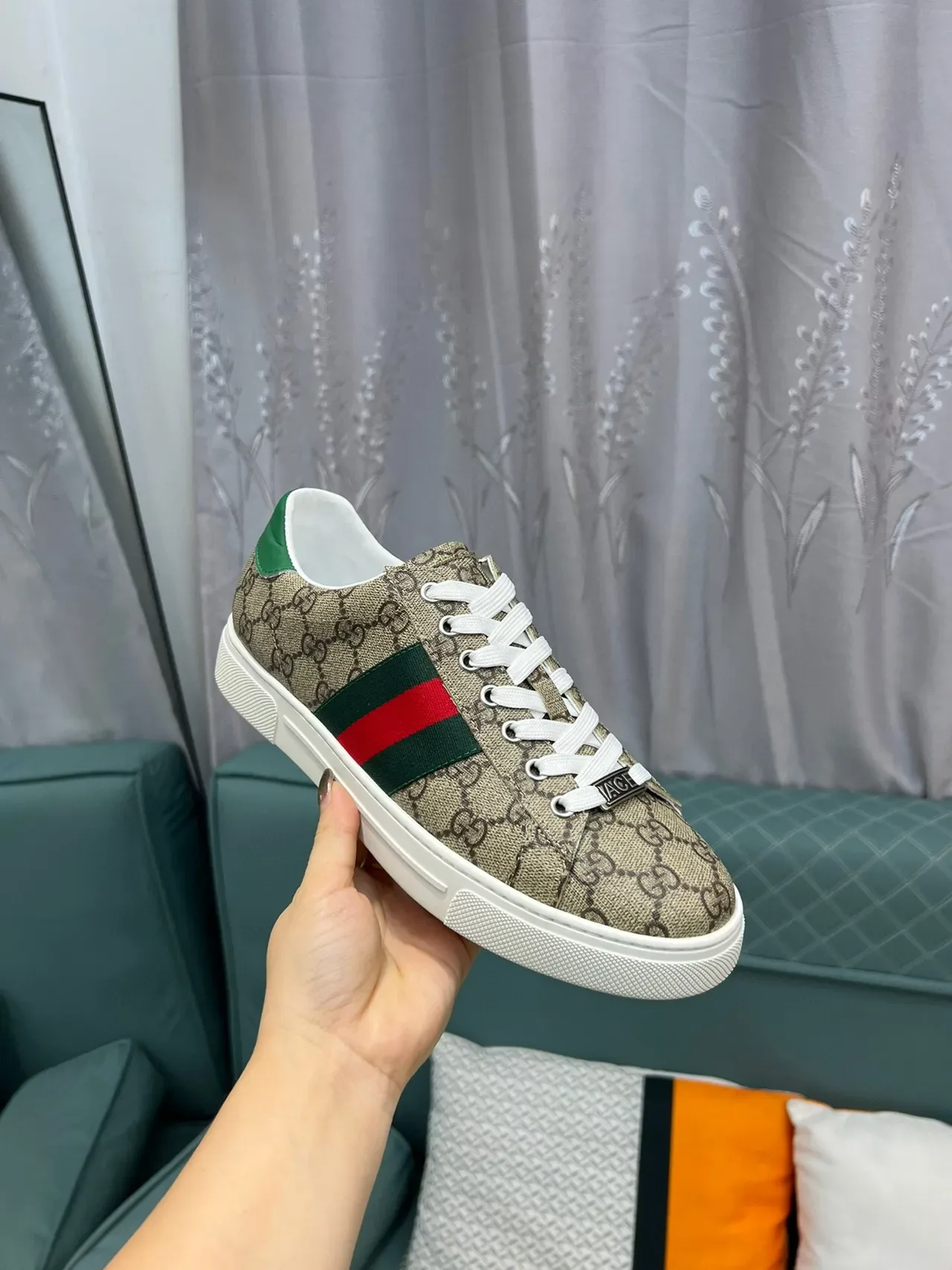 Gucci 米绿色GG印花帆布网条生活风运动鞋 6