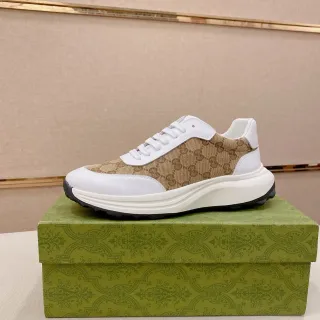 Gucci Beige Blanco GG Monogram Lona Cuero Sobrecapas Estilo de Vida Zapatillas