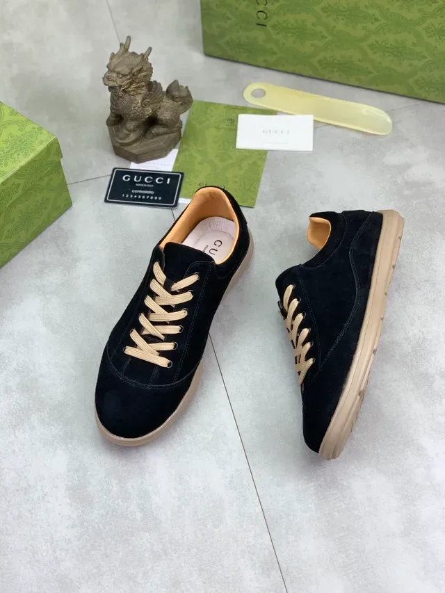 Gucci काला भूरा स्यूड कन्ट्रास्ट लेस कासुअल जूते 2