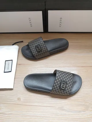 Gucci Black Gold Monogrammed Strap Interlocking G Buckle Slippers 9