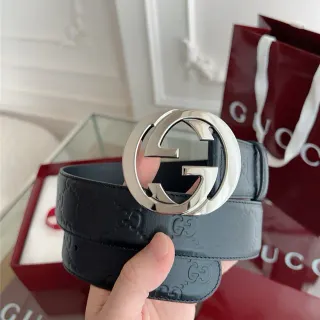 Gucci أسود رمادي مطبوع GG مونوغرام متشابك G مشبك حزام جلد