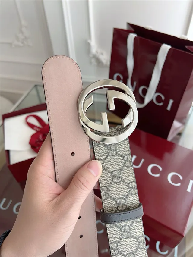 Gucci Black Gray Embossed GG Monogram Interlocking G Buckle Leather Belt 4