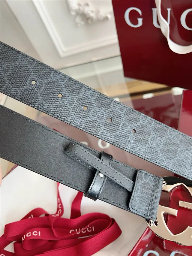 Gucci Black Gray Embossed GG Monogram Interlocking G Buckle Leather Belt 11