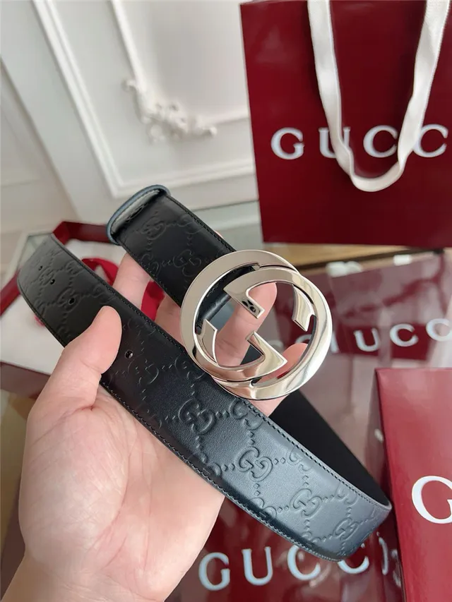 Gucci Black Gray Embossed GG Monogram Interlocking G Buckle Leather Belt 18