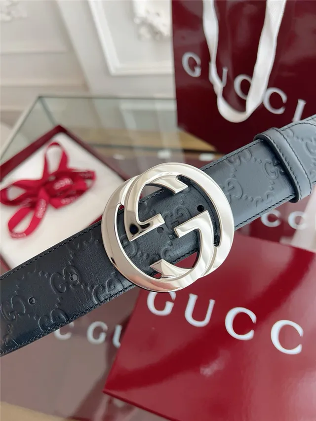 Gucci Black Gray Embossed GG Monogram Interlocking G Buckle Leather Belt 22