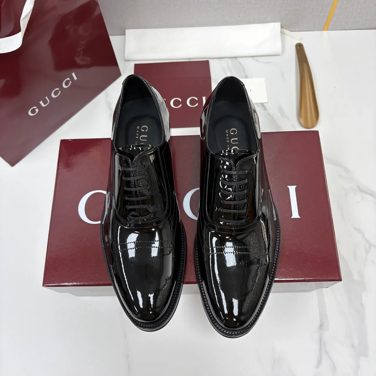 Gucci কালো প্যাটেন্ট লেদার ক্যাপ-টো অক্সফোর্ড জুতো 5