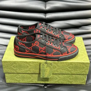 Gucci Negro y Rojo GG Monogram Print Suela Plana de Goma Zapatillas Lifestyle