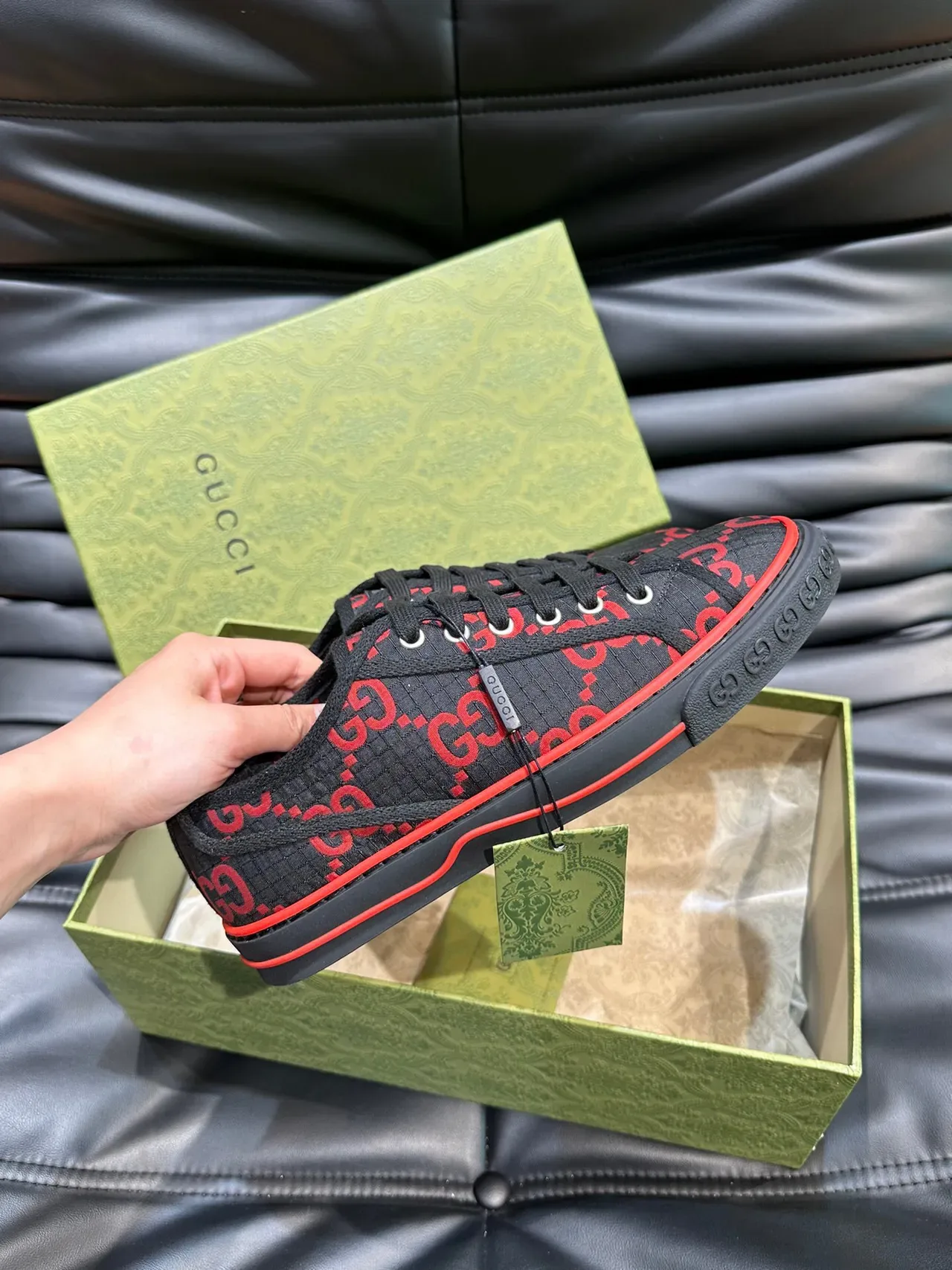 Gucci Black Red GG Monogram Print Flat Rubber Sole Lifestyle Sneakers 4