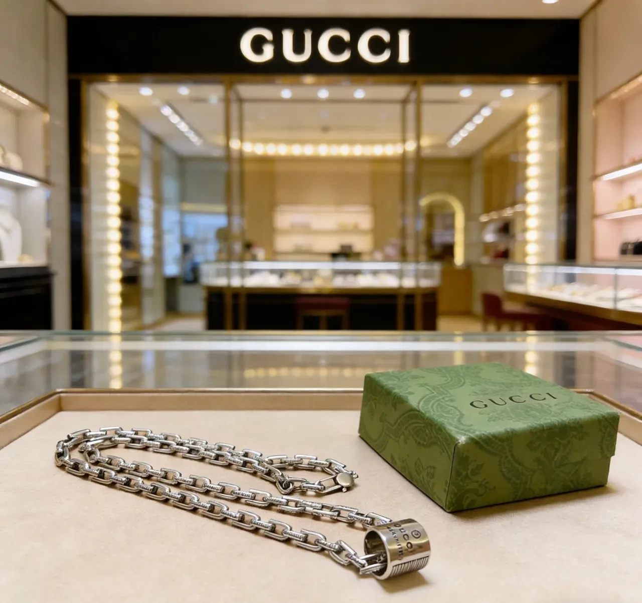 Gucci Collar de Cadena de Plata con Péndant Cilíndrico Rotatorio de Enlaces Pesados 4