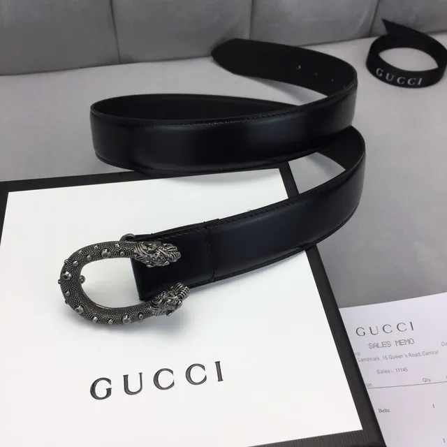 Gucci Dionysus Cinto de couro preto com alça lisa prateada e fivela de cabeça de leão ornamentada 2