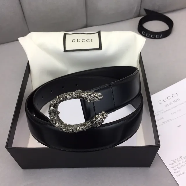 Gucci Dionysus Cinto de couro preto com alça lisa prateada e fivela de cabeça de leão ornamentada 5