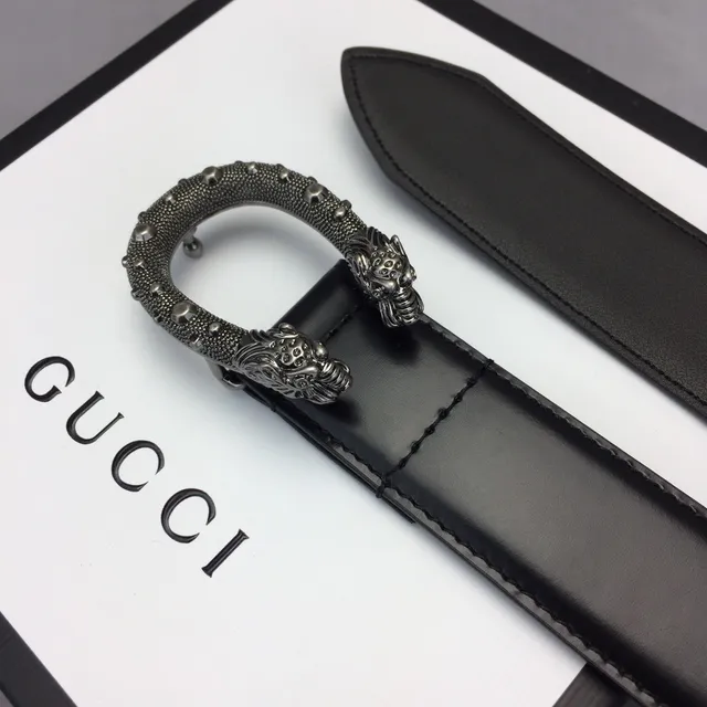 Gucci Dionysus Cinto de couro preto com alça lisa prateada e fivela de cabeça de leão ornamentada 8