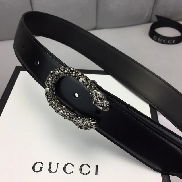 Gucci Dionysus Cinto de couro preto com alça lisa prateada e fivela de cabeça de leão ornamentada 9