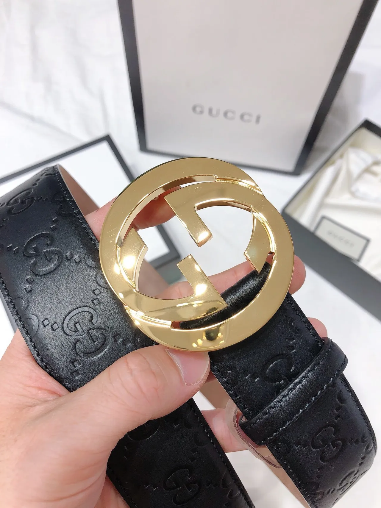 Gucci Double G 黑色金色 互锁扣 GG-压花皮革腰带 7
