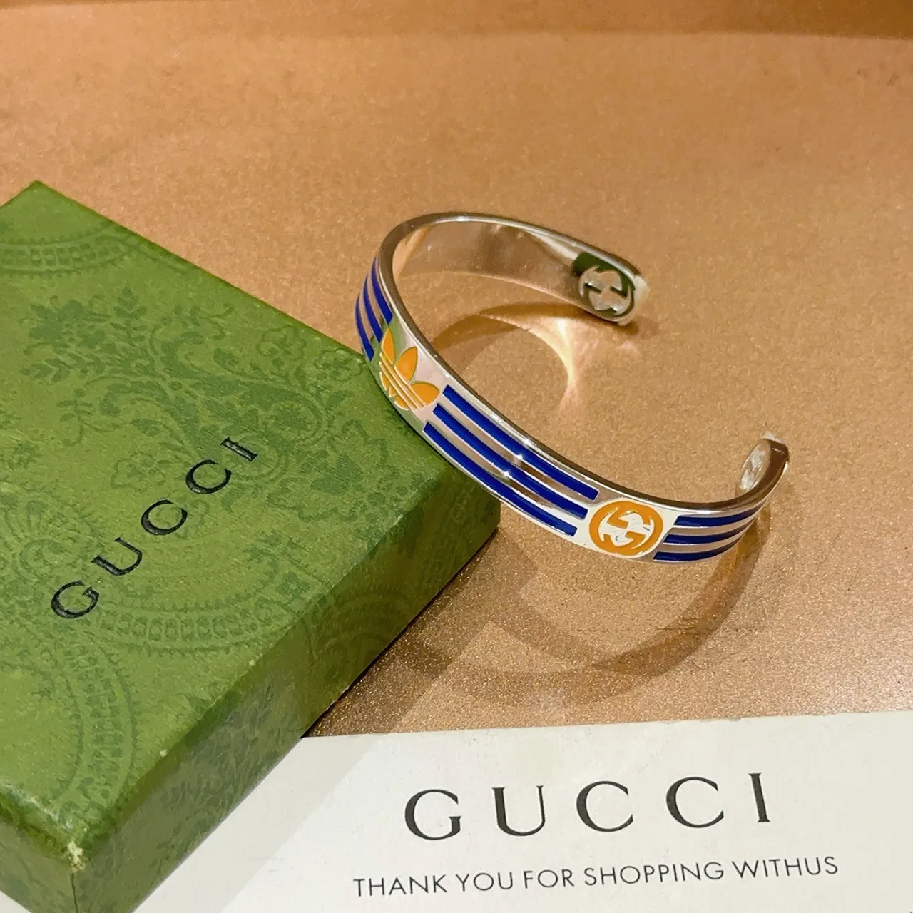 Gucci Enamel-Striped Interlocking G Fleur-de-Lis Bangle Bracelet 9
