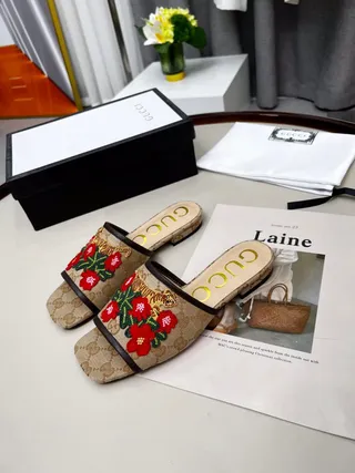Gucci Flora Zapatilla Bordada Beige Rojo GG Monograma Lona Tigre Y Flores Zapatillas 6
