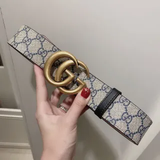 Gucci GG Marmont بيج بحري Supreme Canvas حزام جلد إبزال مزدوج G ذهبي