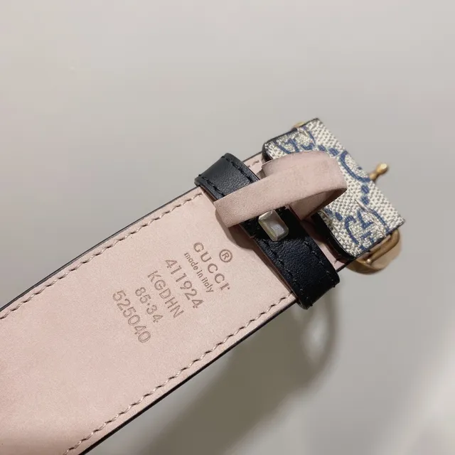 Gucci GG Marmont 米色海军 Supreme Canvas 双G 金色扣头 皮革腰带 2