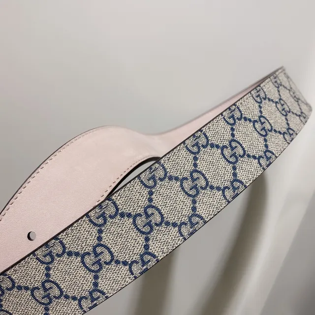 Gucci GG Marmont 米色海军 Supreme Canvas 双G 金色扣头 皮革腰带 3