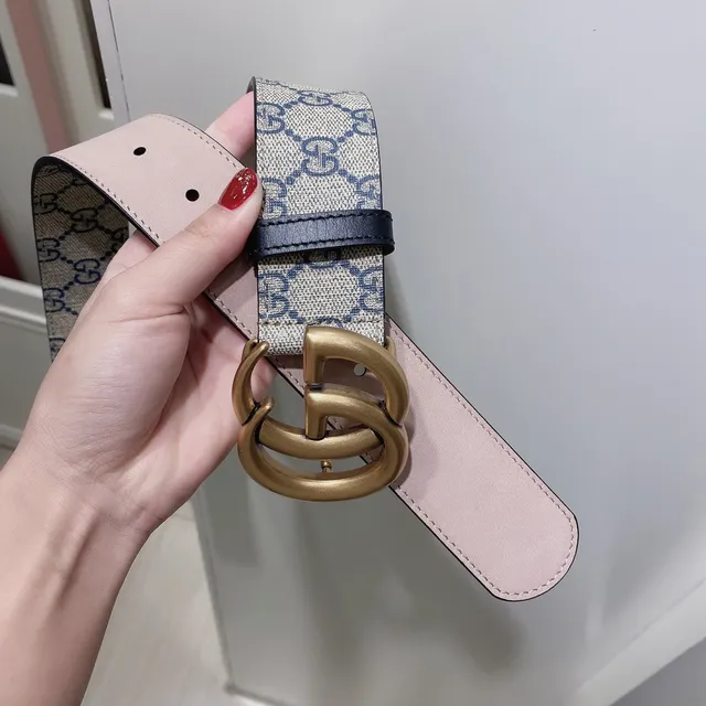 Gucci GG Marmont 米色海军 Supreme Canvas 双G 金色扣头 皮革腰带 4