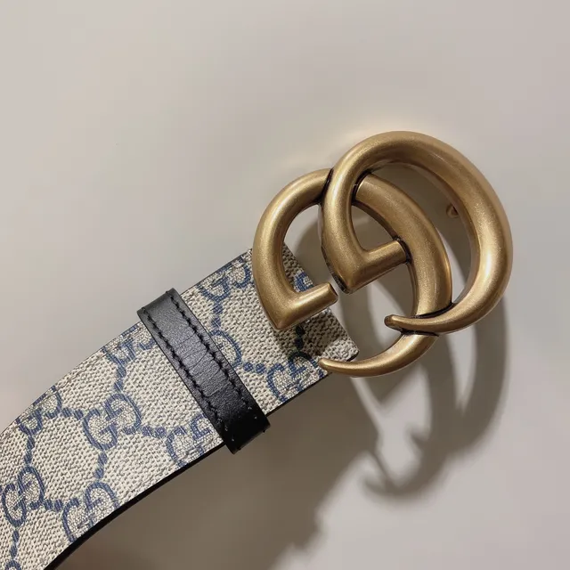 Gucci GG Marmont 米色海军 Supreme Canvas 双G 金色扣头 皮革腰带 5