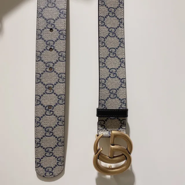 Gucci GG Marmont 米色海军 Supreme Canvas 双G 金色扣头 皮革腰带 6