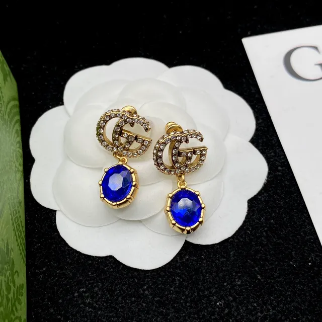 Gucci GG Marmont Aretes de gota con cristales incrustados de piedra azul 5
