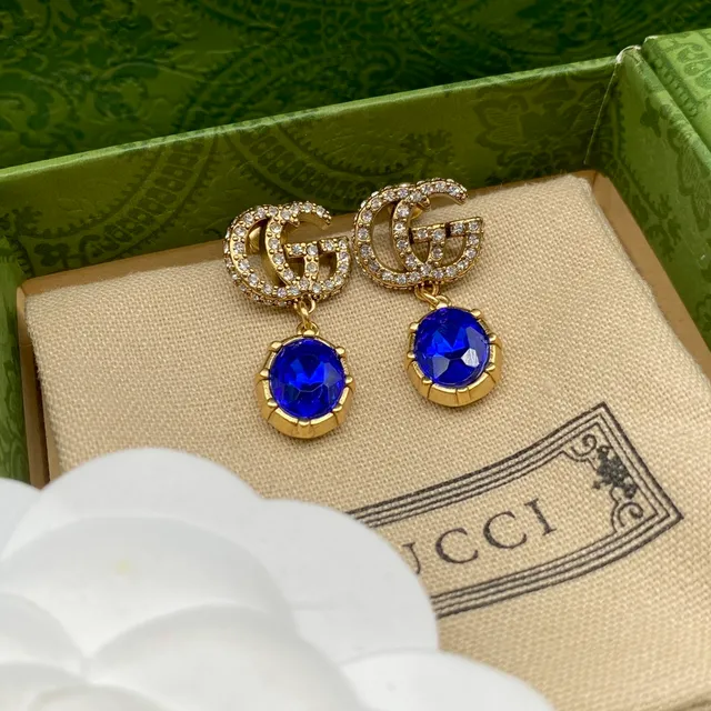 Gucci GG Marmont Aretes de gota con cristales incrustados de piedra azul 6