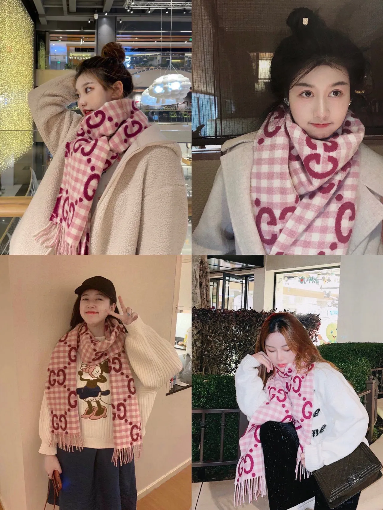 Gucci GG Marmont 粉红红格纹印花羊绒围巾 3