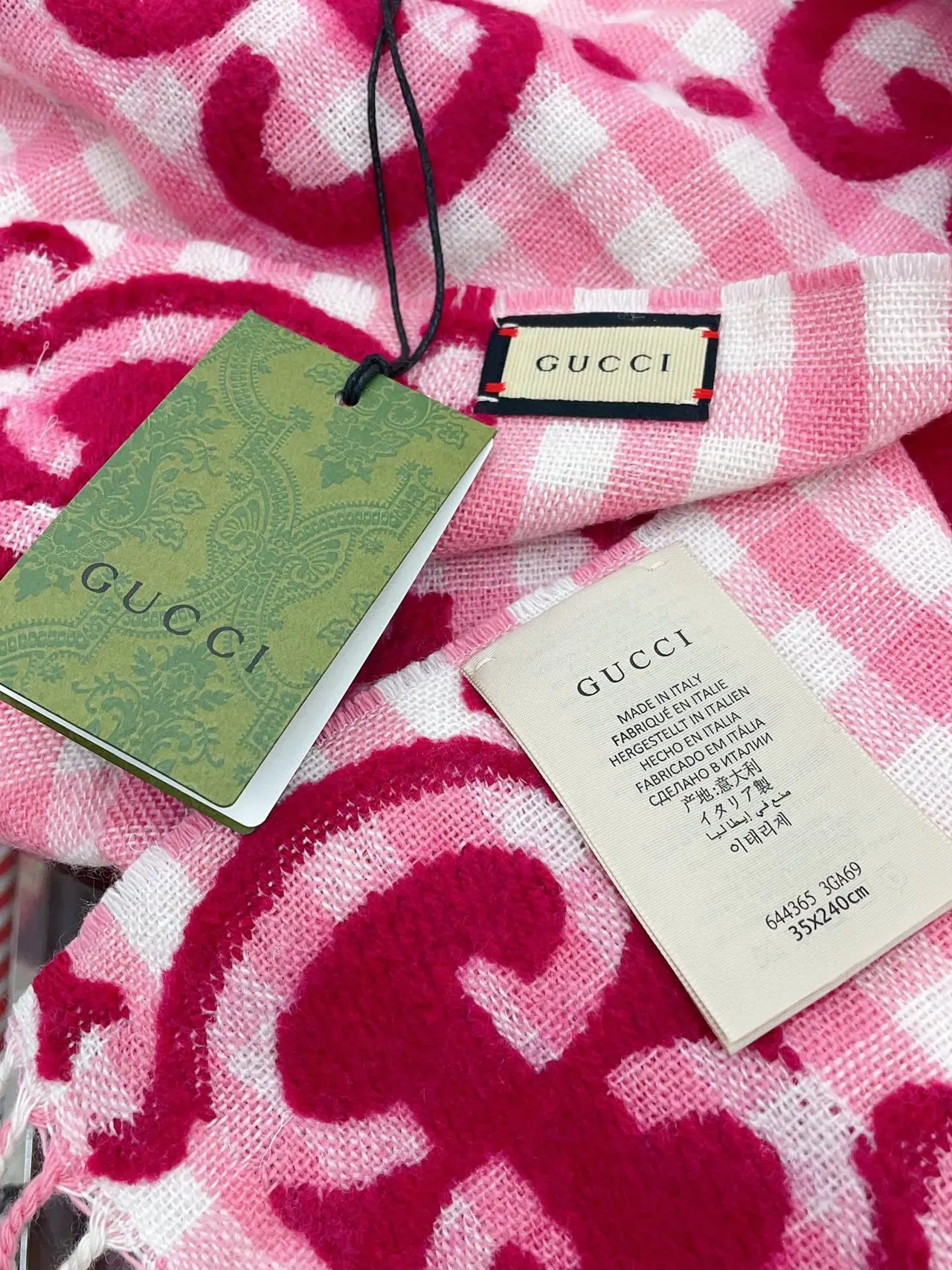 Gucci GG Marmont 粉红红格纹印花羊绒围巾 9