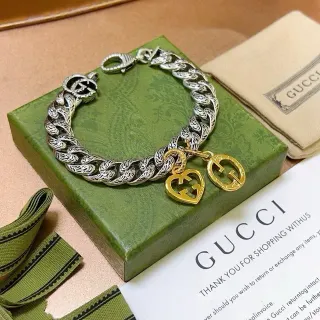 Gucci GG Marmont Silver Gold Chunky Curb Chain Ornate Scrollwork Links Bracelet