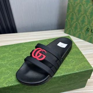 Gucci GG Slide 黑红 橡胶 构造 interlocking G Logo 拖鞋