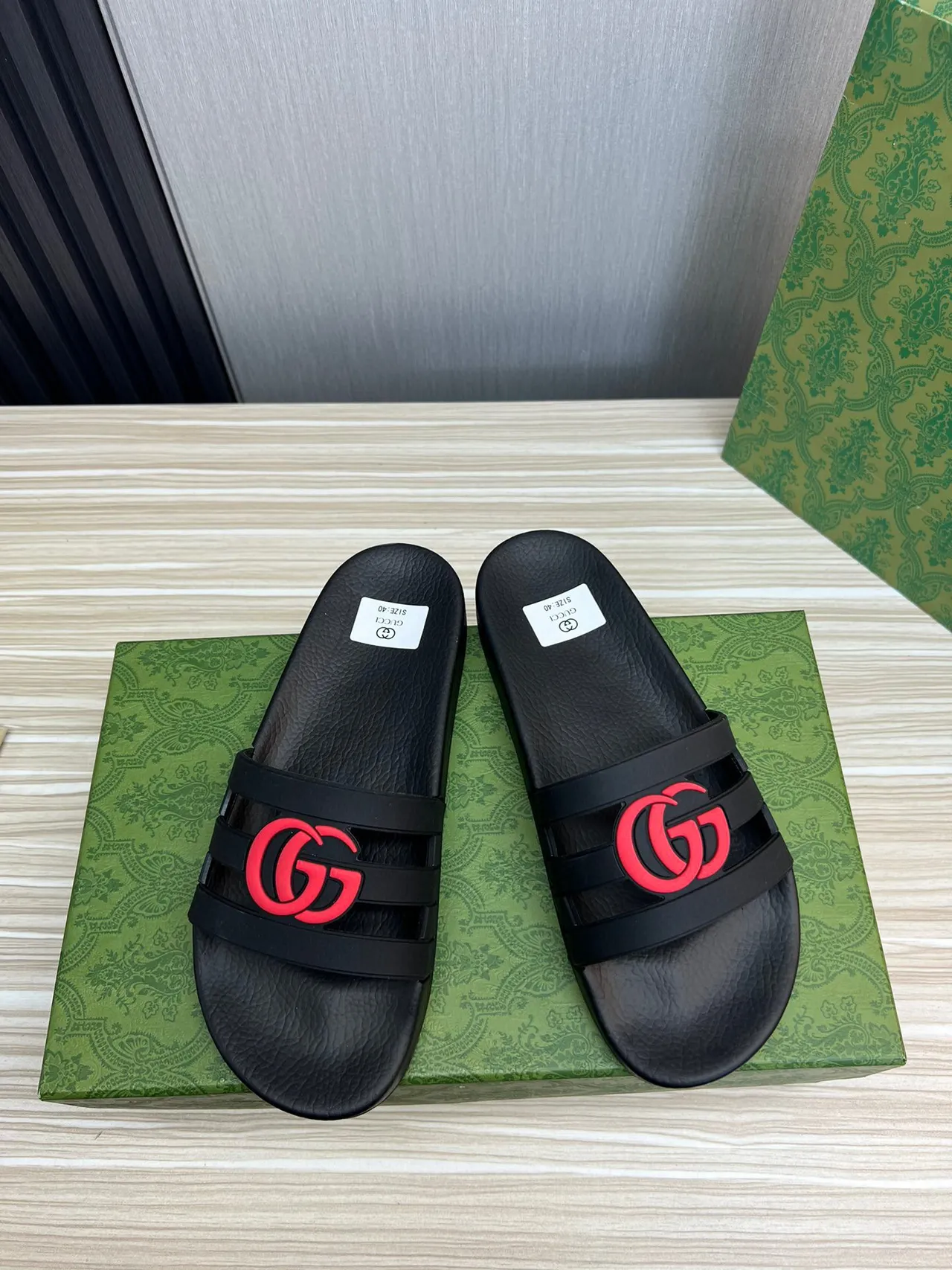Gucci GG Slide 黑红 橡胶 构造 interlocking G Logo 拖鞋 9