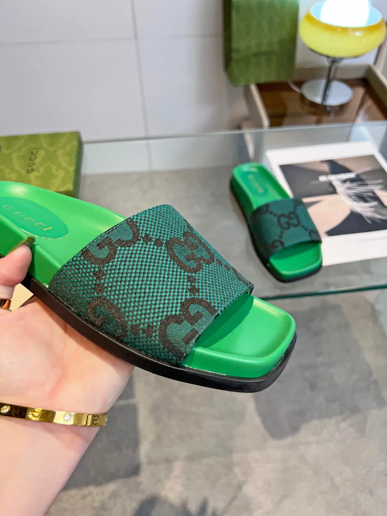 Gucci Green Black Flat Slide Woven GG Strap Slippers 6