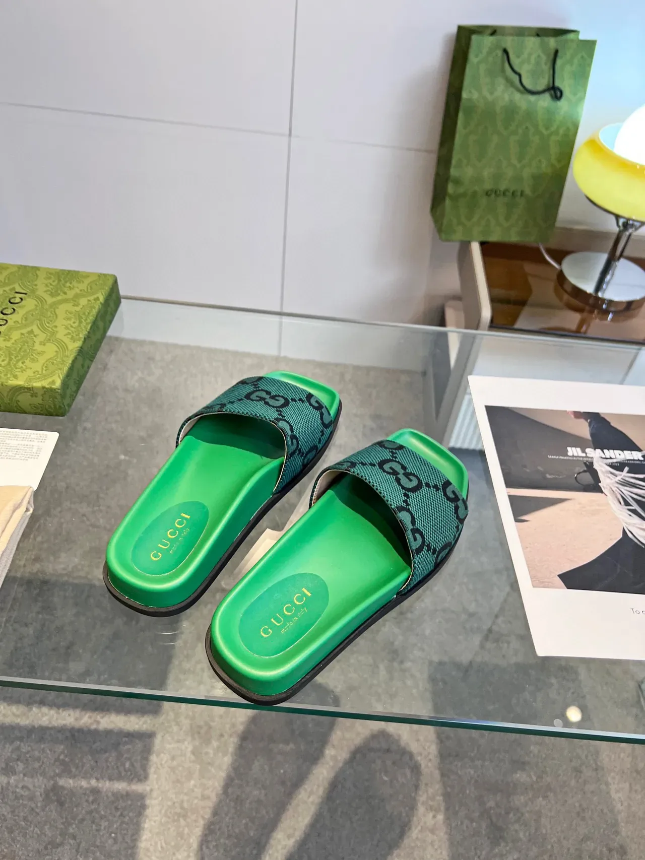 Gucci Green Black Flat Slide Woven GG Strap Slippers 7