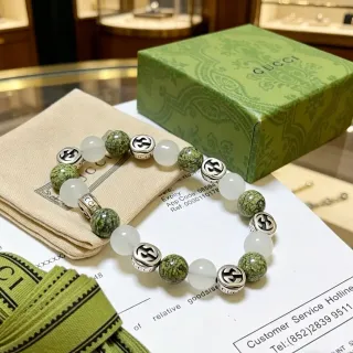 Gucci Green White Beaded Interlocking G Charms Bracelet