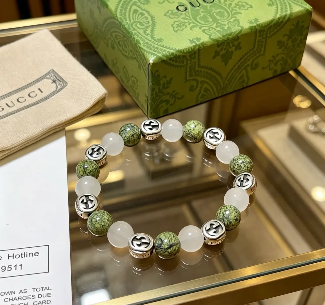 Gucci Green White Beaded Interlocking G Charms Bracelet 3