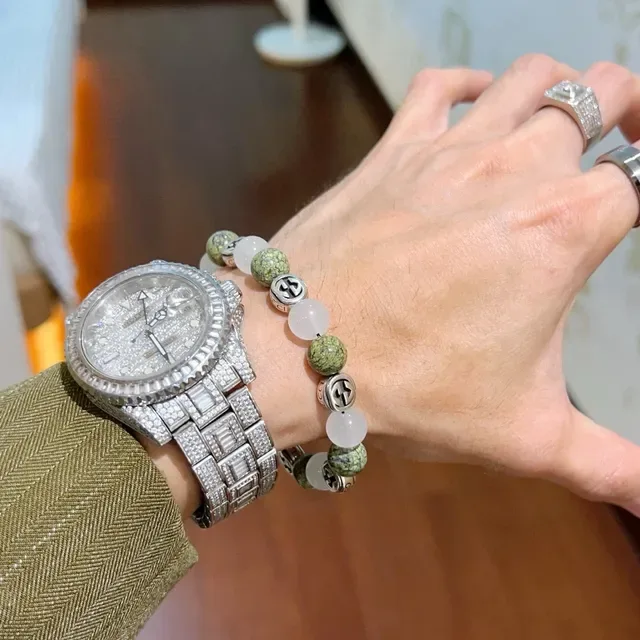 Gucci Green White Beaded Interlocking G Charms Bracelet 4