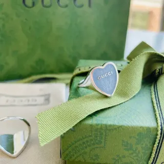 Gucci 心形印章戒指 蓝银搪瓷面