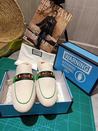 Gucci Horsebit 1955 Beige Vert Canevas Tissé Partie Supérieure Détail Boucle Mocassin 2