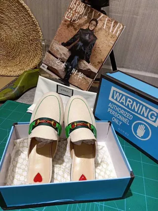 Gucci Horsebit 1955 Beige Vert Canevas Tissé Partie Supérieure Détail Boucle Mocassin 5