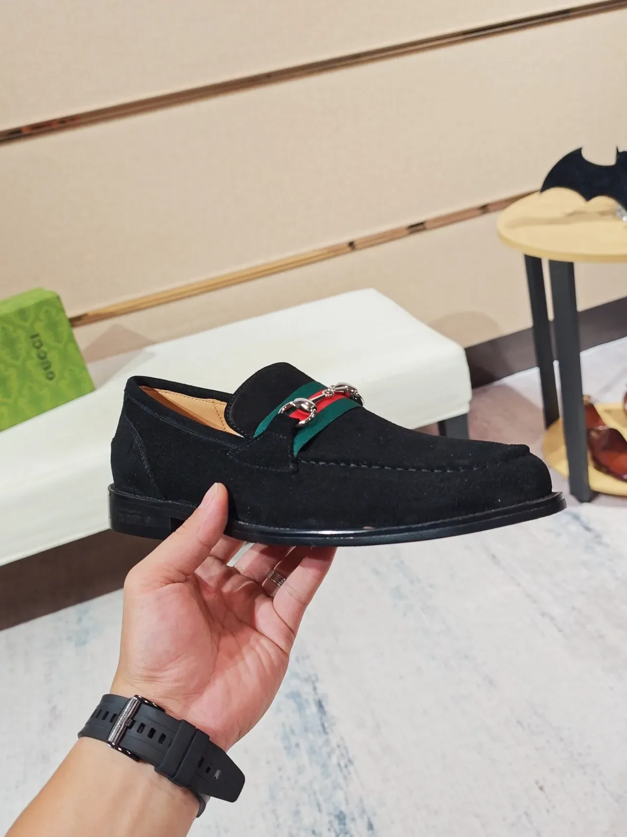 Gucci Horsebit 1955 Mocassim Daim Noir Vert Boucle 4
