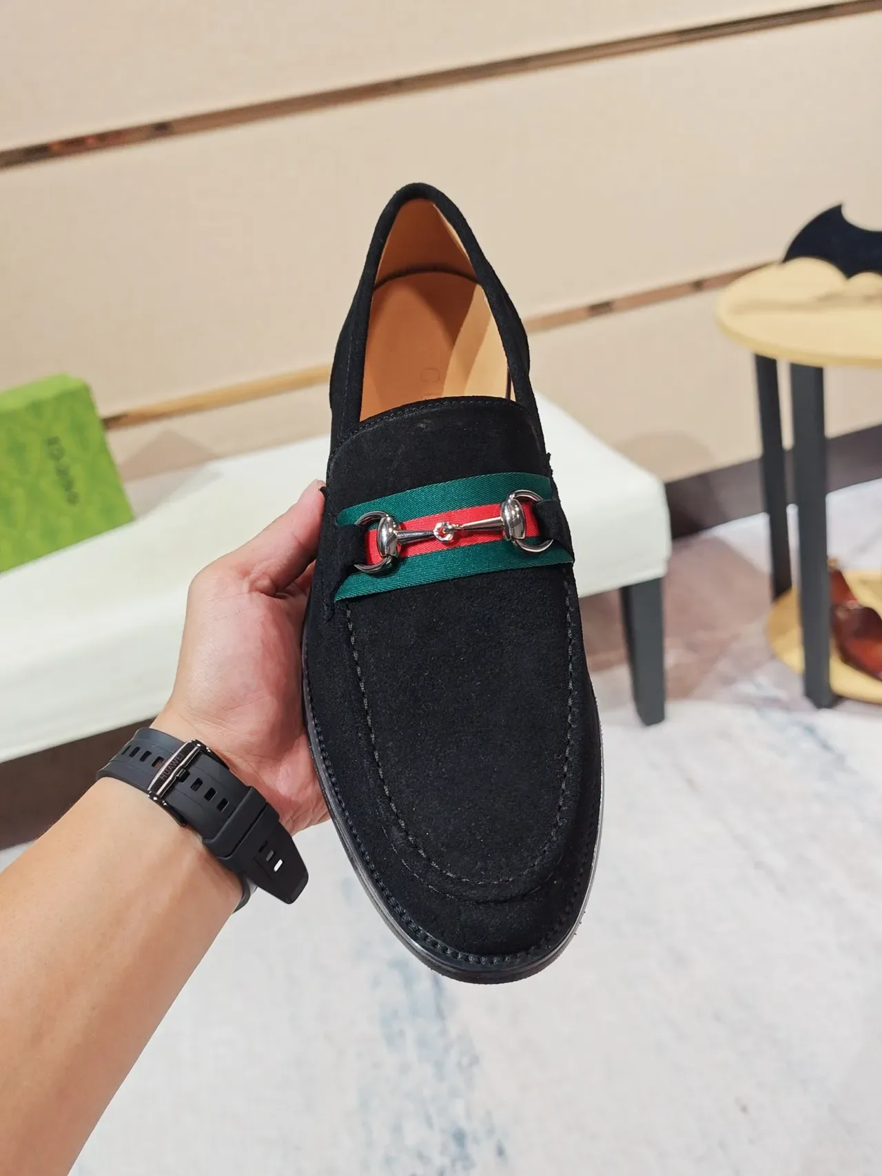 Gucci Horsebit 1955 Mocassim Daim Noir Vert Boucle 5