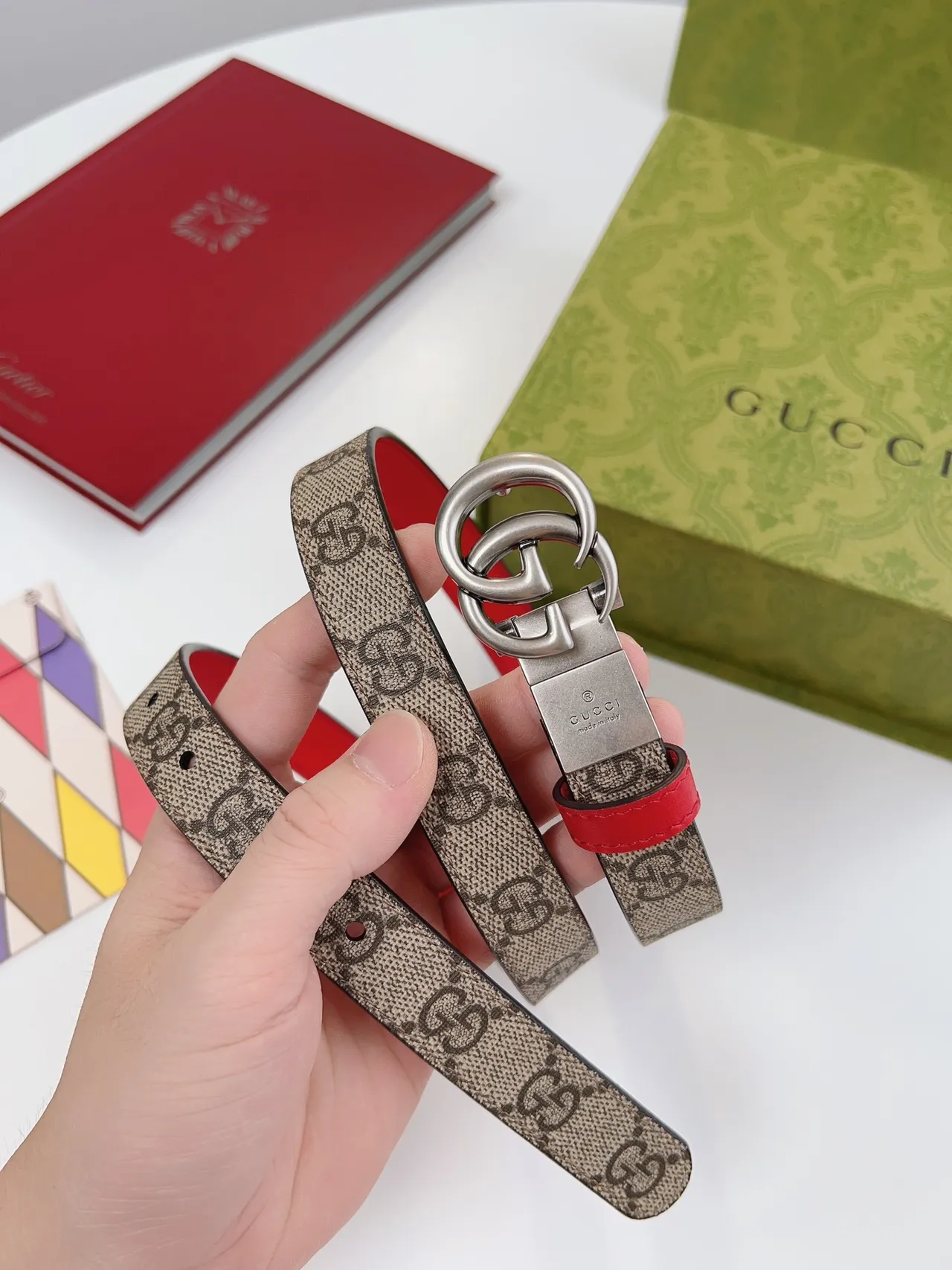 Gucci Horsebit 1955 GG Monogram Canvas and Red Leather Belt 2
