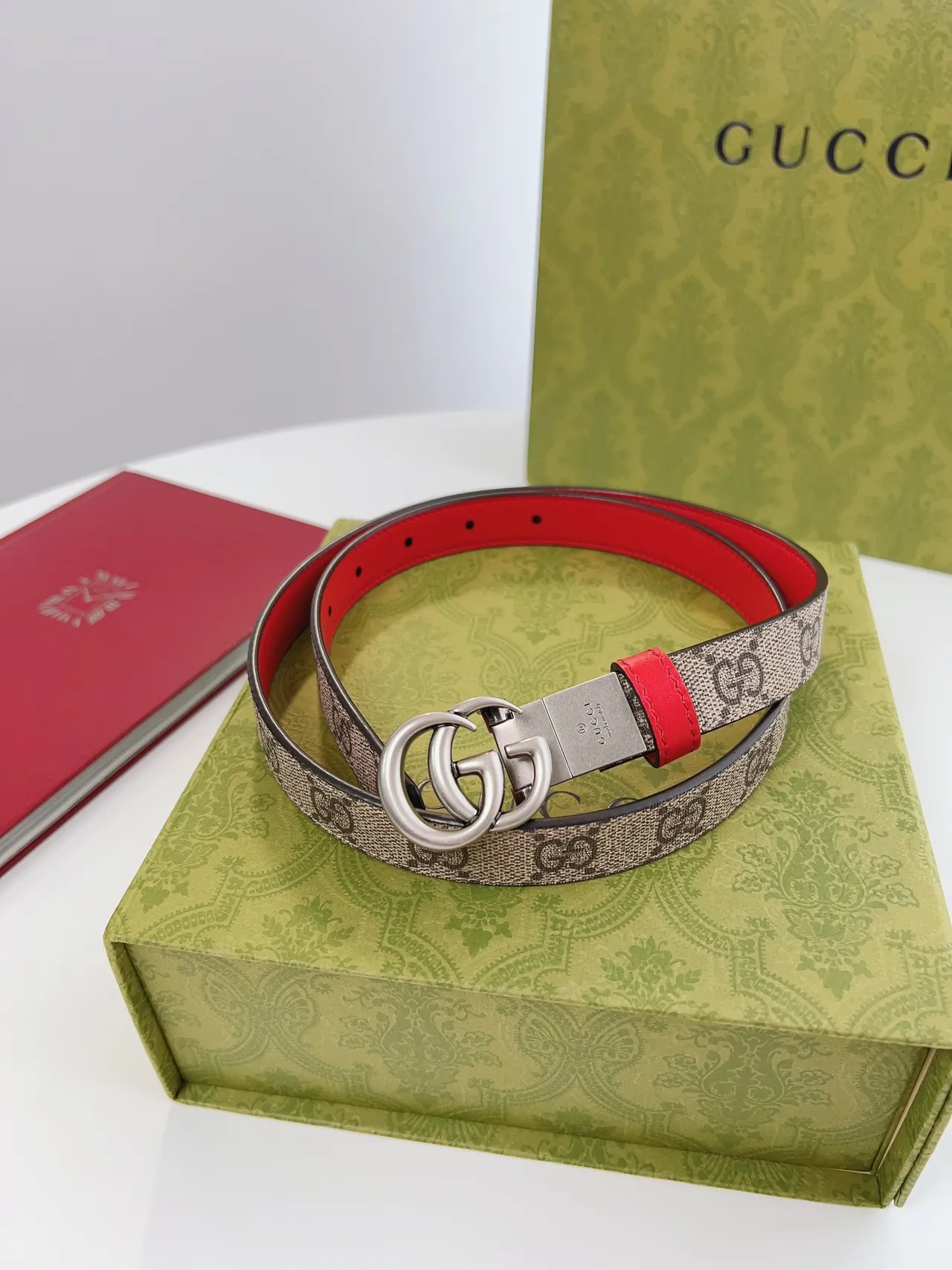 Gucci Horsebit 1955 GG Monogram Canvas and Red Leather Belt 3