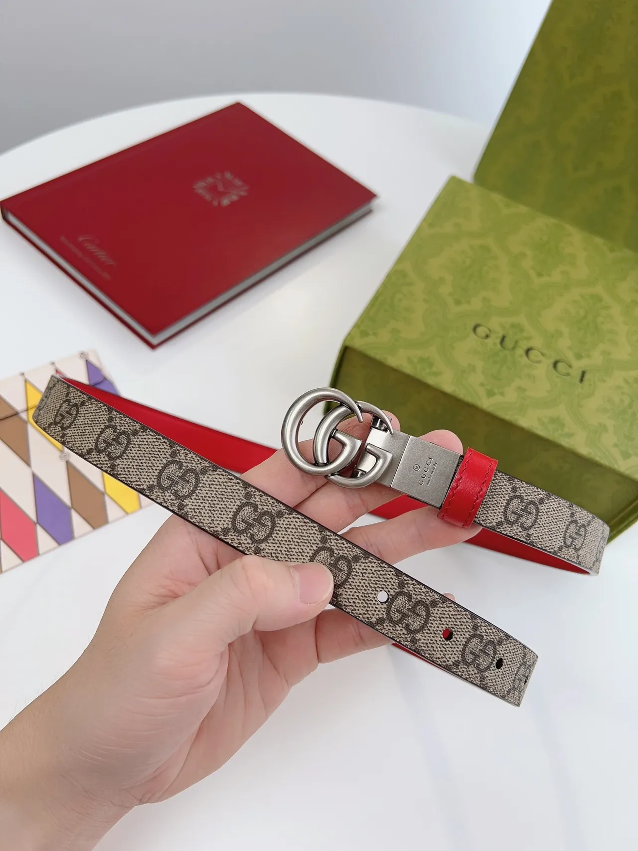 Gucci Horsebit 1955 GG Monogram Canvas and Red Leather Belt 4