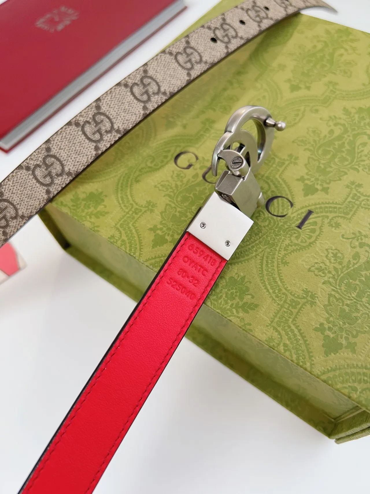 Gucci Horsebit 1955 GG Monogram Canvas and Red Leather Belt 5